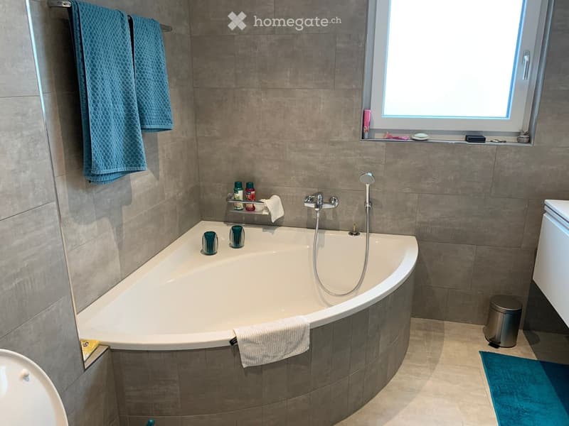 Modern bathroom with a large bathtub, showerhead, towel rack, and window. Includes a sink, trash can, and various toiletries.