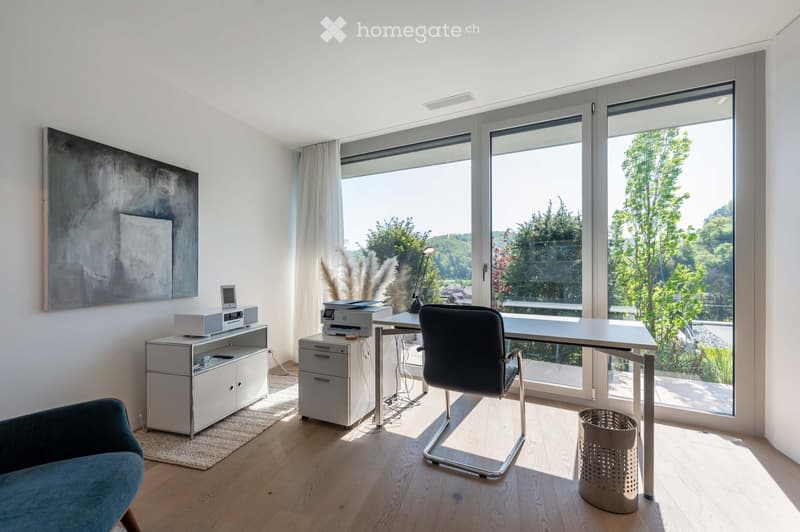 Modern, well-lit room with large windows, a desk, a chair, a cabinet, a printer, a lamp, a screen, and a sofa.