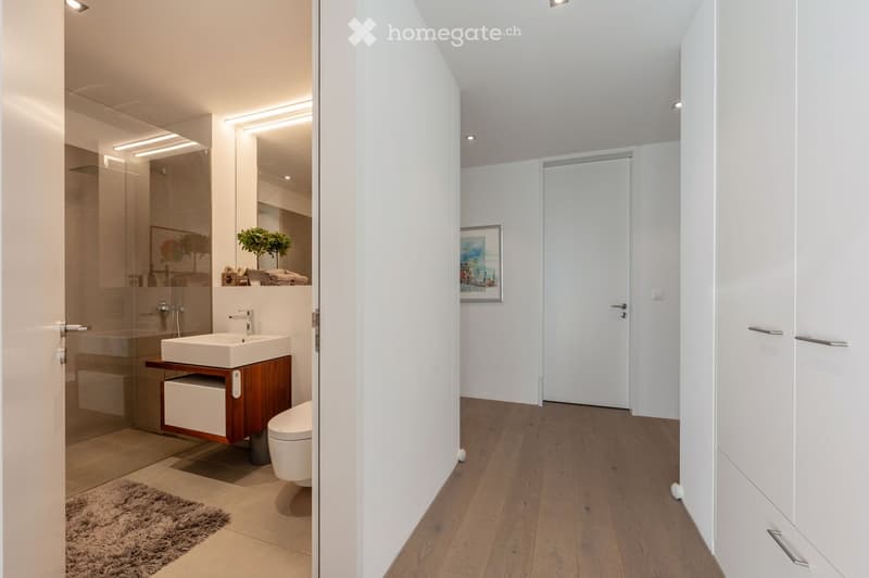 Modern bathroom with a white sink, toilet, and shower area. Features include a wooden vanity cabinet, a large mirror, a small plant, and a framed picture on the wall.