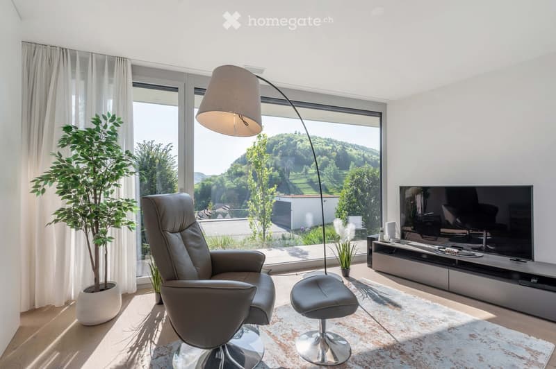 Modern living room with large windows offering a scenic view, featuring a grey leather sofa, ottoman, TV, floor lamp, and potted plants.