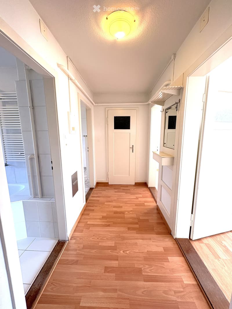 Bright hallway with wooden flooring, white walls, and several doors leading to different rooms. A round ceiling light illuminates the space, and there are built-in shelves and a small bench on the right side.