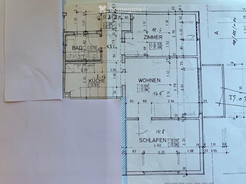 Floor plan showing a kitchen, bathroom, living room, bedroom, and hallway with labeled dimensions.