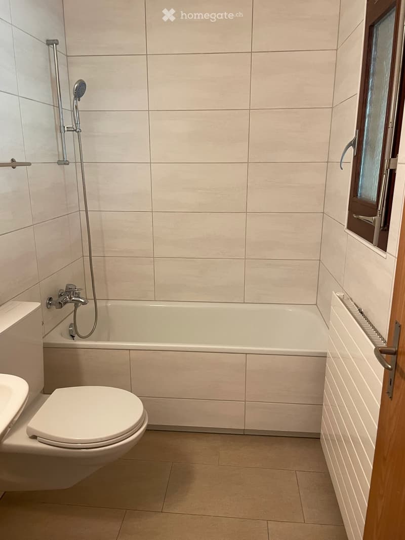 Modern bathroom with a bathtub, toilet, showerhead, and radiator. Light-colored tiles and a window with frosted glass are visible.
