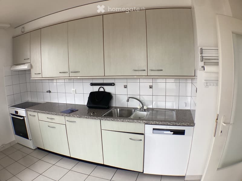 Modern kitchen with white cabinets, granite countertop, stainless steel sink, oven, and dishwasher. A black handbag is placed on the counter.