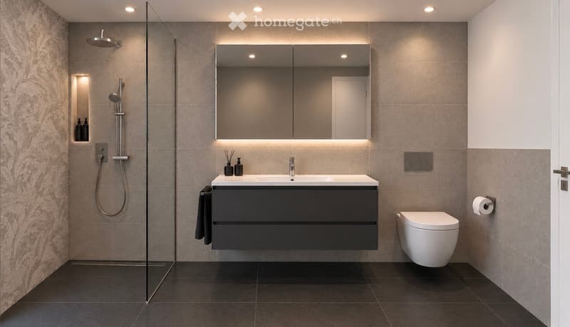 Modern bathroom with a double sink, large mirror, toilet, and glass-enclosed shower. Features dark tiles and sleek fixtures.