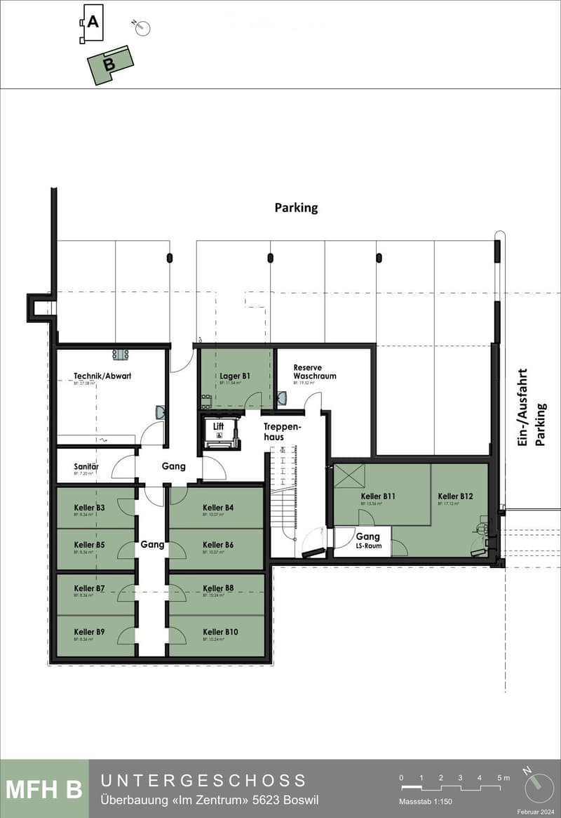 Floor plan of the basement level showing multiple storage rooms, a technical/utility room, a washroom, a staircase, and parking area.