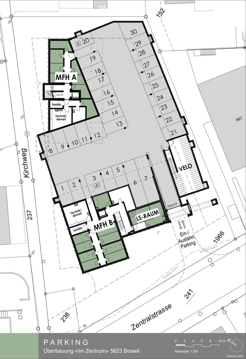 Floor plan of a multi-family housing complex with labeled rooms and areas, including MFH A, MFH B, LS-RAUM, Technik/Abwart, Sanität, and parking area.