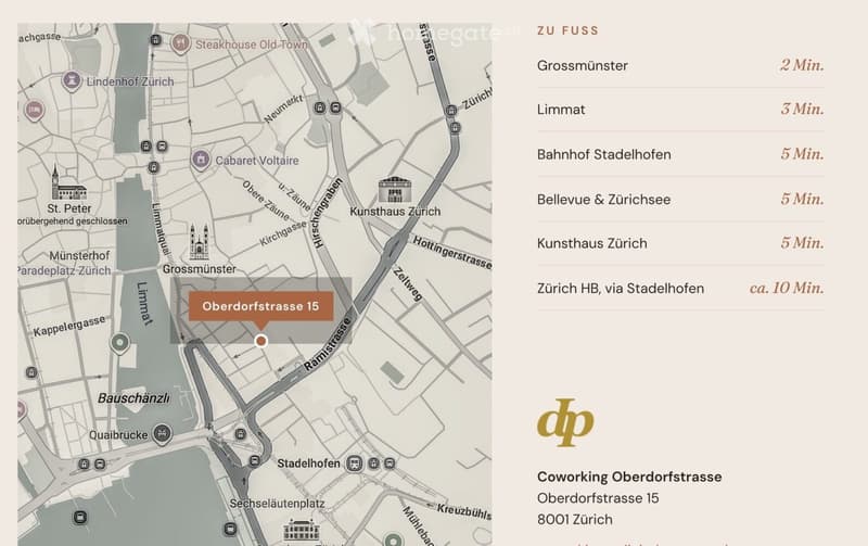 Map showing the location of Coworking Oberdorfstrasse at Oberdorfstrasse 15, 8001 Zürich, with nearby landmarks and walking distances to key locations.