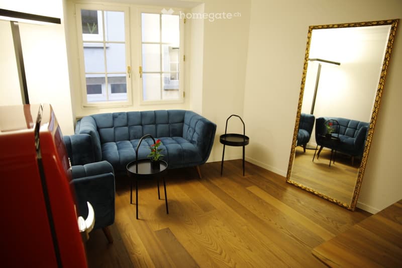 A modern living room with a blue velvet sofa, a matching armchair, a small black coffee table, a large decorative mirror, and a small flower pot on the coffee table.
