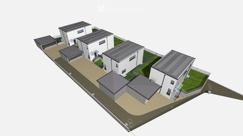 3D rendering of a modern residential complex with multiple buildings, flat roofs, and surrounding greenery.