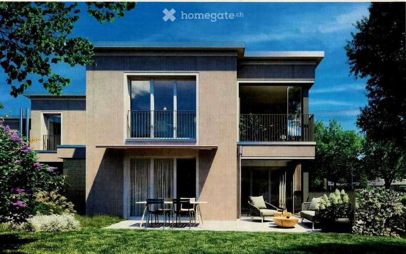 Modern two-story house with large windows, balconies, and outdoor seating areas.