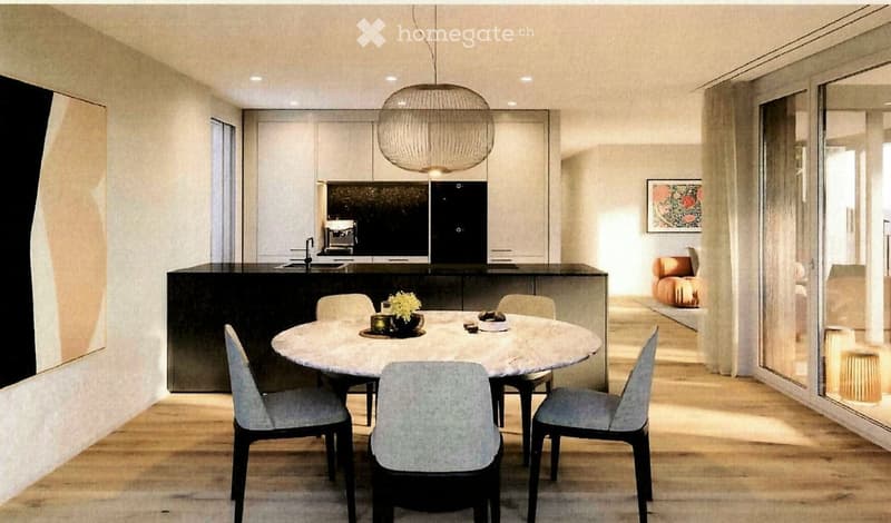 Modern dining area with a round marble dining table surrounded by six chairs, a sleek black kitchen island with a sink and coffee machine, and a large pendant light hanging above. The space features light wooden flooring and large windows with a view of a