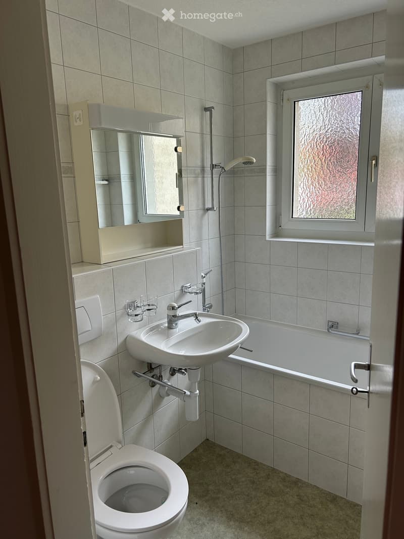 Modern bathroom with white tiles, a toilet, a sink with a mirror, a bathtub, and a shower head.