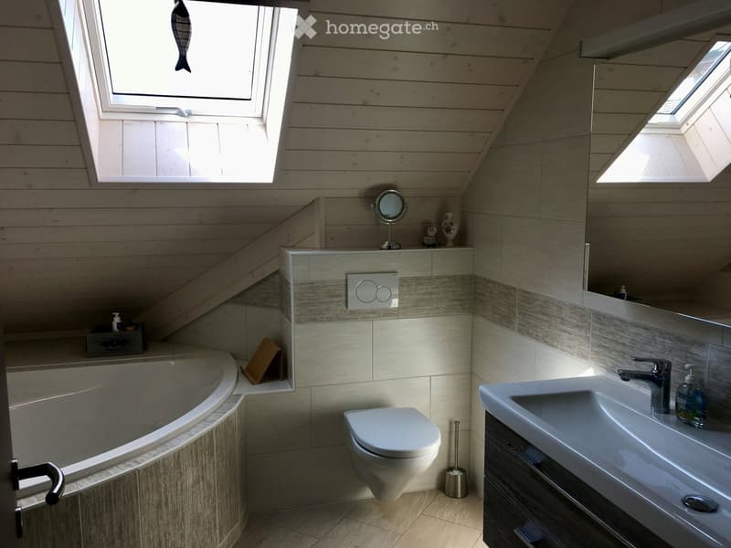 Modern bathroom with wooden paneling, skylight windows, bathtub, toilet, sink, and decorative items on the shelf.