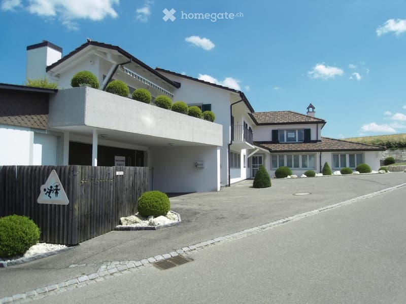 Two-story modern house with white exterior, dark roof, multiple windows, and a small balcony area with greenery. The driveway is paved, and there is a wooden fence on the left side.