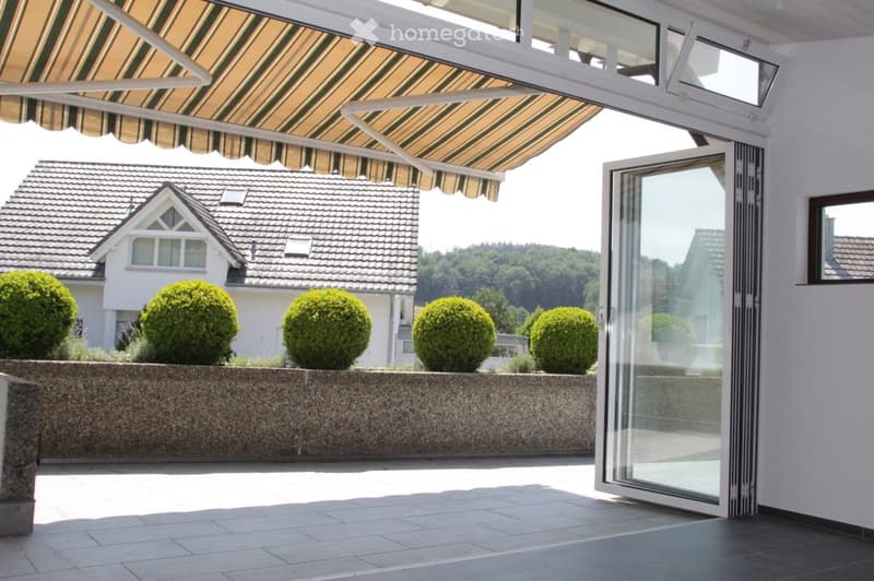 A modern balcony with a striped awning, large glass sliding doors, and a stone planter with neatly trimmed spherical shrubs.