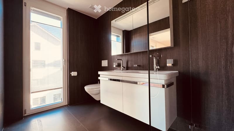 Modern bathroom with dark wood walls, white sink, double sink vanity, large mirror, and a toilet. Features a large window with blinds and a glass shower enclosure.