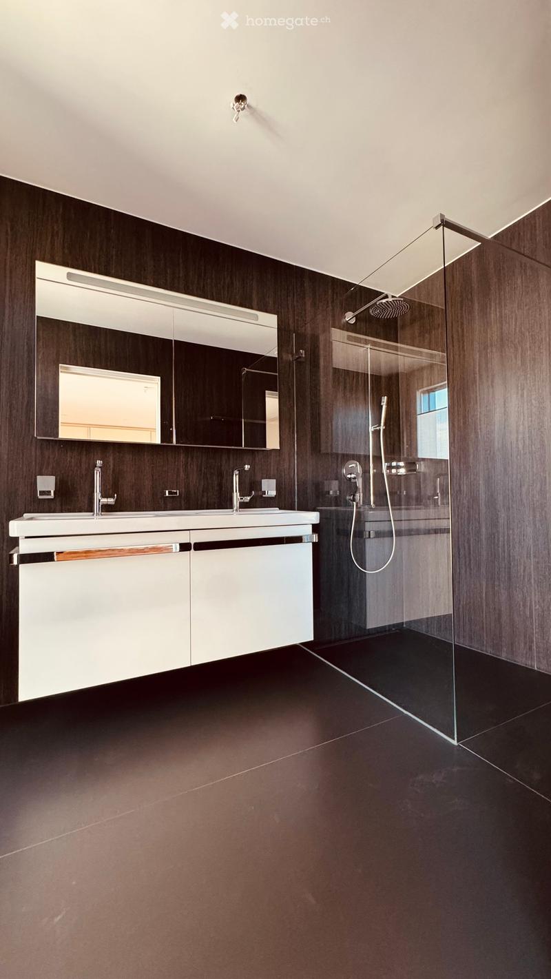 Modern bathroom with dark wooden walls, white sink, large mirror, and glass-enclosed shower area.