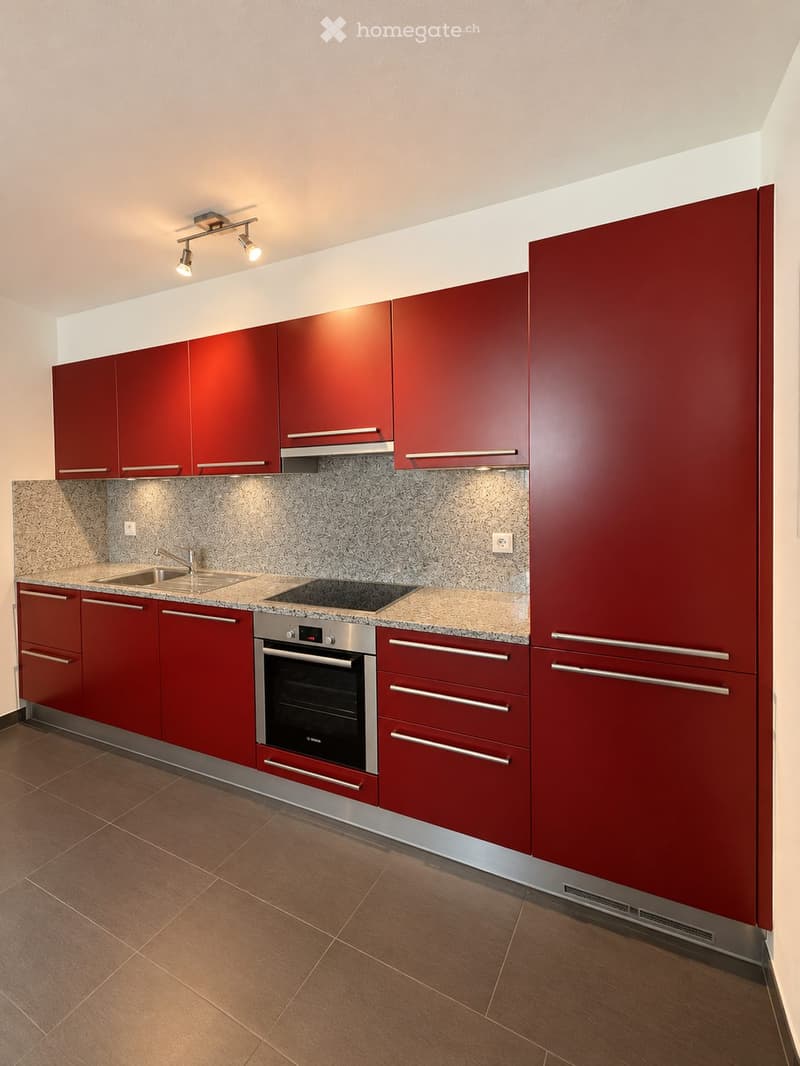 Modern kitchen with red cabinets, granite countertop, stainless steel sink, and built-in oven.