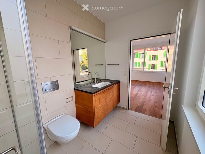 Modern bathroom with a white toilet, wooden vanity with two sinks, and a large mirror above the sinks. The bathroom has tiled walls and a glass shower enclosure.