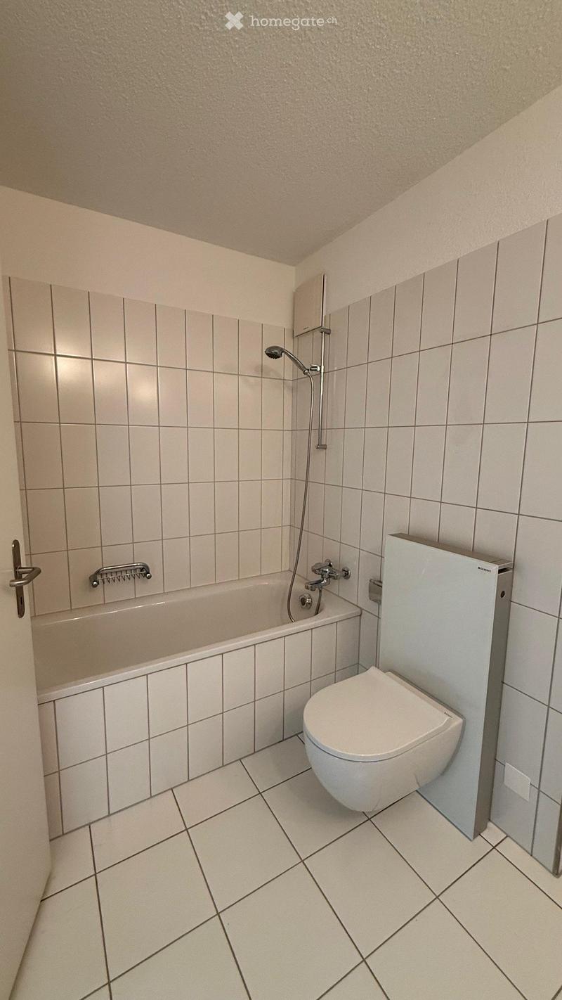 Modern bathroom with a bathtub, toilet, and showerhead. The walls and floor are tiled in light gray, and the space features a sleek, contemporary design.