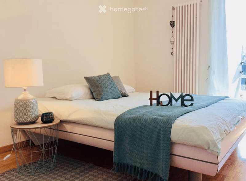 Cozy bedroom with a white bed, decorative pillows, a blue throw blanket, a nightstand with a lamp, and a patterned rug on the floor.