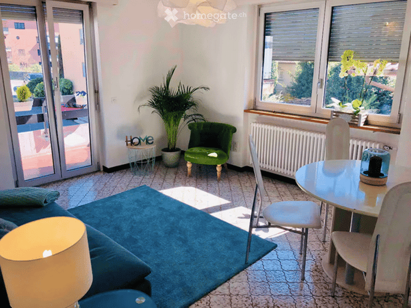 Bright living room with large windows, a blue rug, a sofa, a small green armchair, a dining table with chairs, and a potted plant near the window.