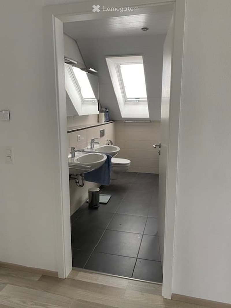 Modern bathroom with two sinks, a toilet, a mirror, and a skylight window. The floor is tiled in dark gray, and the walls are white.