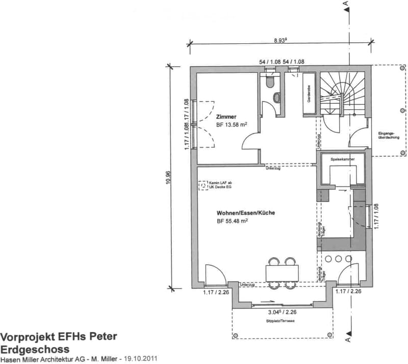 Floor plan of a ground floor showing a living/dining/kitchen area, a bedroom, a pantry, and a seating terrace.