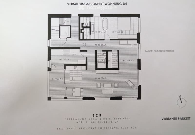 Floor plan of apartment D4 showing multiple rooms including living area, bedrooms, bathrooms, and kitchen. Room sizes are labeled in square meters.