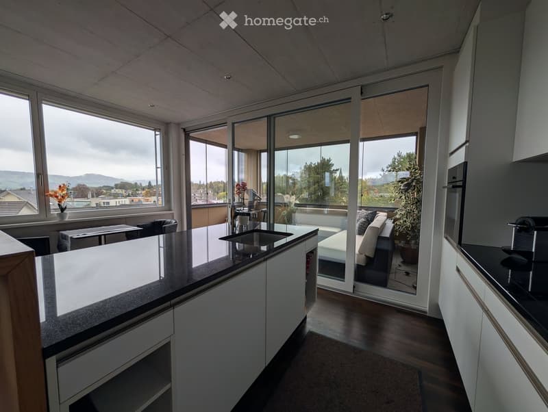 Modern kitchen with white cabinets, granite countertop, and a view of the landscape through large windows. Adjacent living area features a sofa, coffee table, and decorative plants.