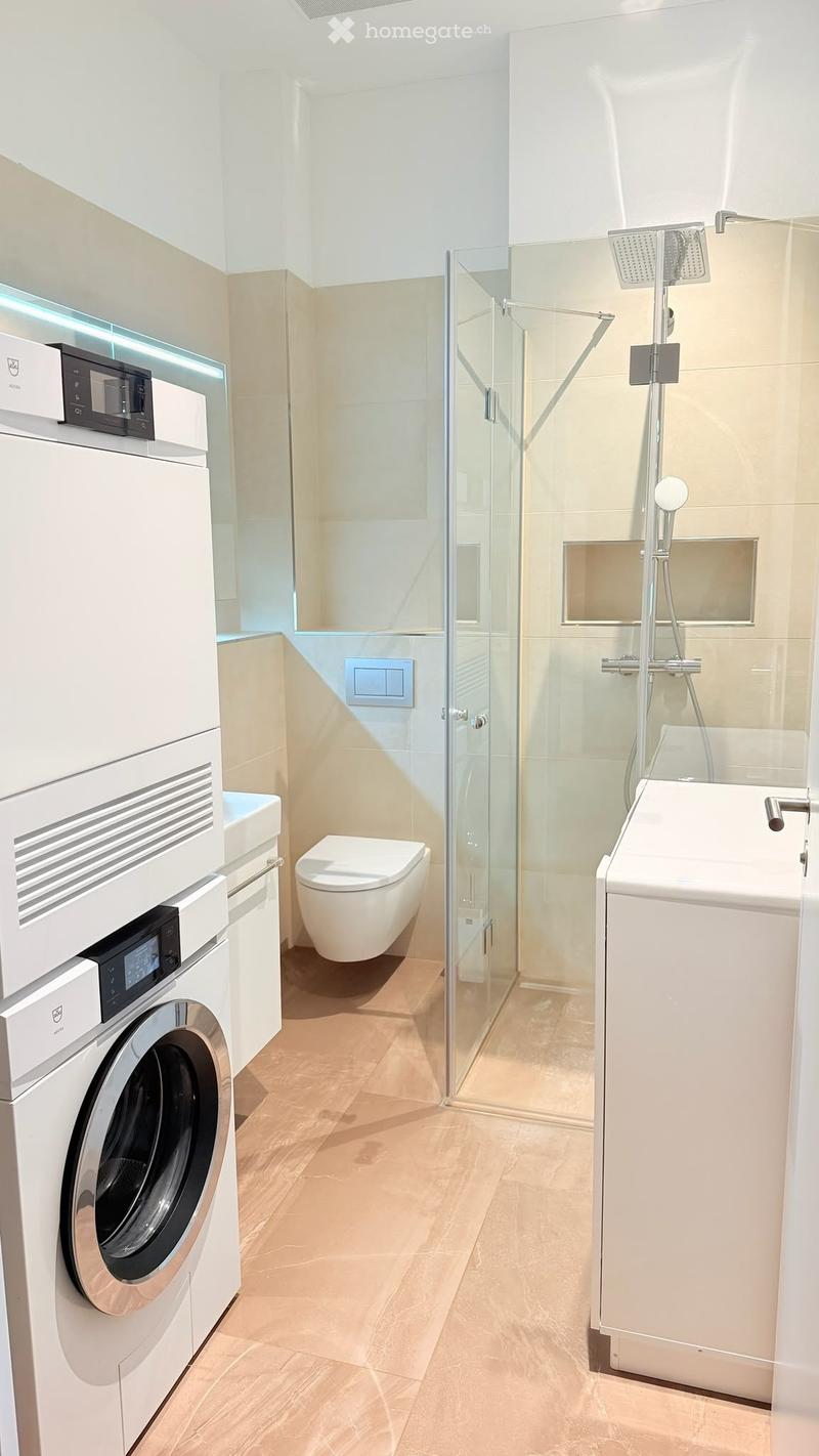 Modern bathroom with a glass-enclosed shower, toilet, sink, and washing machine. Light-colored tiles and wooden flooring.