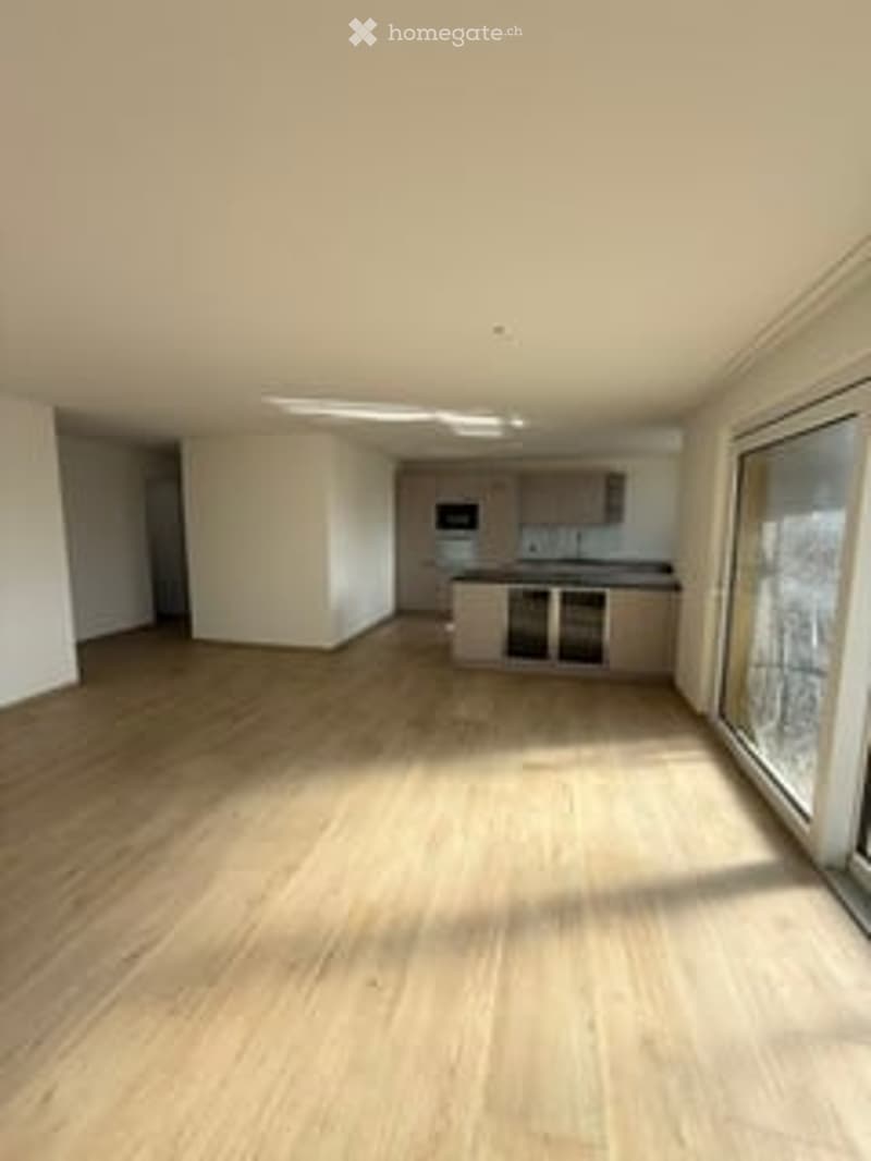 Bright, unfurnished room with wooden flooring, white walls, and large windows allowing natural light. The space includes a small kitchen area with cabinets and a countertop.