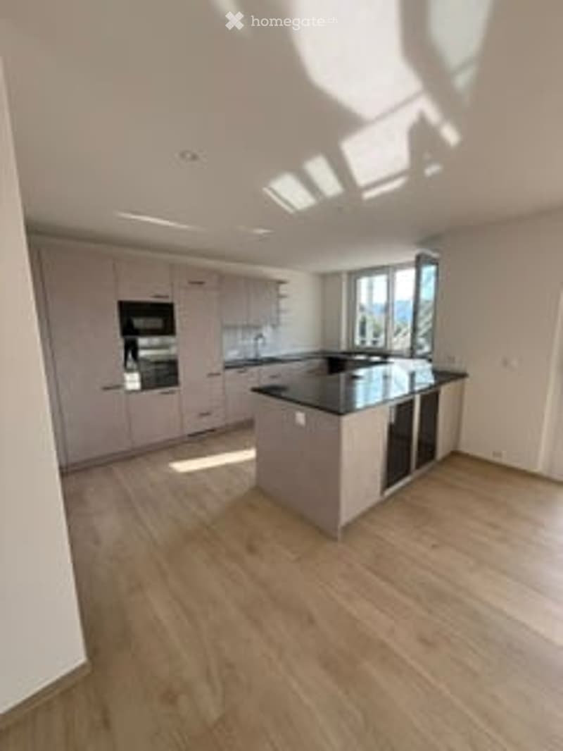 Bright, modern kitchen with light grey cabinets, black countertops, and a central island. The space features wooden flooring and large windows allowing natural light to fill the room.