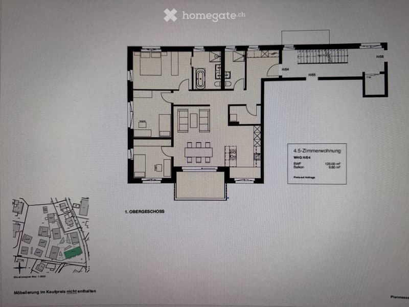 Floor plan of a 4-5 room apartment on the first upper floor, including living room, kitchen, bedrooms, bathrooms, and a balcony.