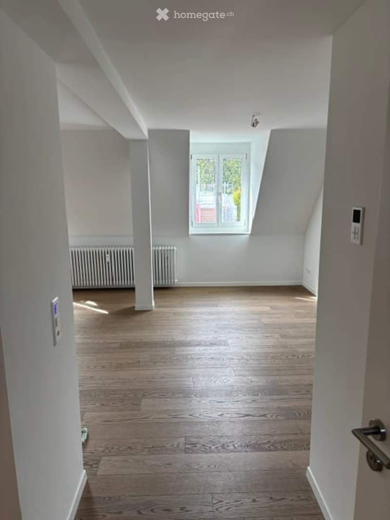 Empty room with wooden flooring, white walls, and a window with a view of greenery. The room features a radiator and a door with a handle.