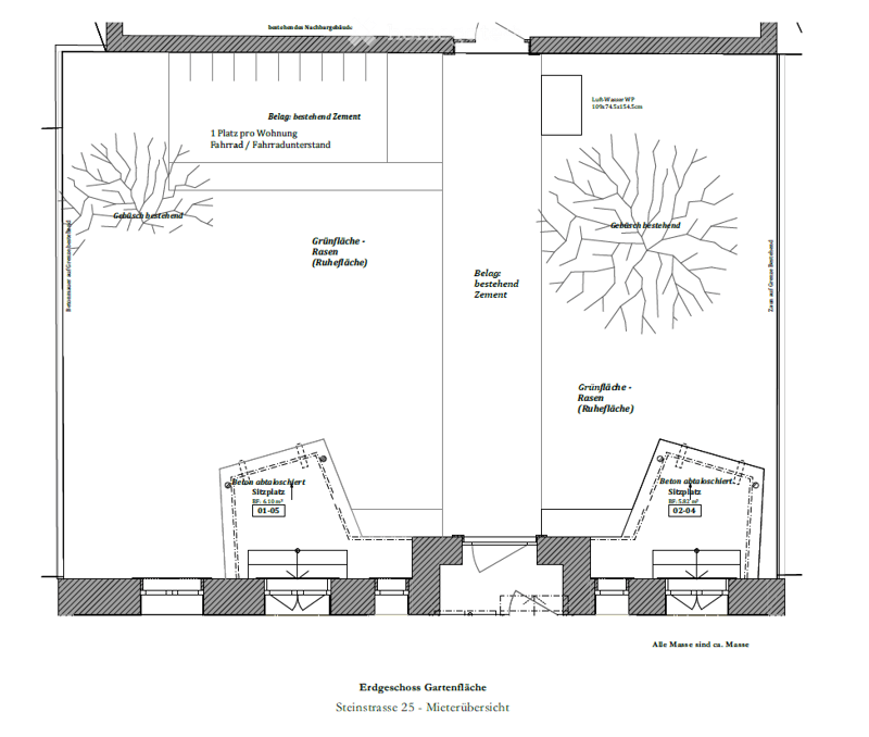 Floor plan of a garden area with designated spaces for parking, resting, and greenery, including concrete and asphalt surfaces.