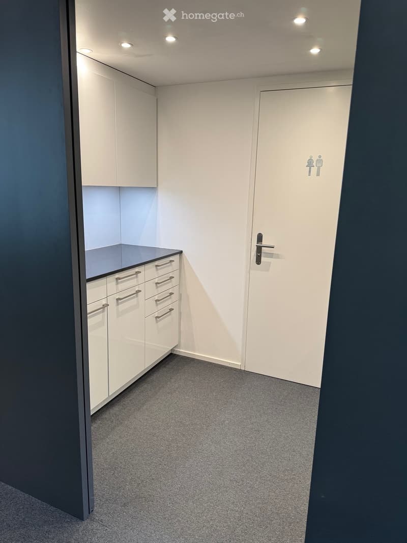 Empty room with white cabinets, grey countertop, grey carpet, and a closed door with a gender symbol sign.