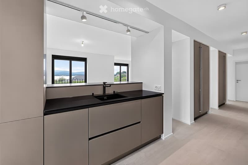 Modern kitchen with sleek grey cabinets, black countertop, and a large window offering a scenic view.