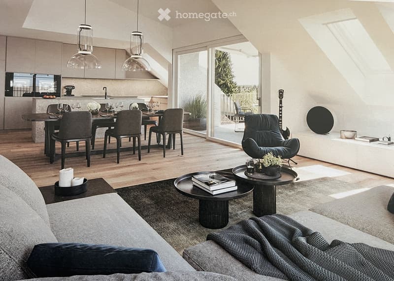 Modern living and dining area with a sofa, coffee table, dining table, chairs, and a guitar. The space features pendant lights, a kitchen island, and a view to an outdoor area.