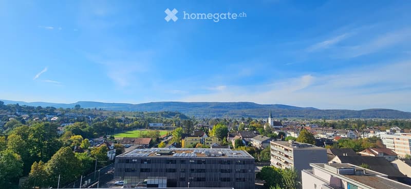 A panoramic view of a town with a mix of residential and commercial buildings, surrounded by green fields and distant hills under a clear blue sky.