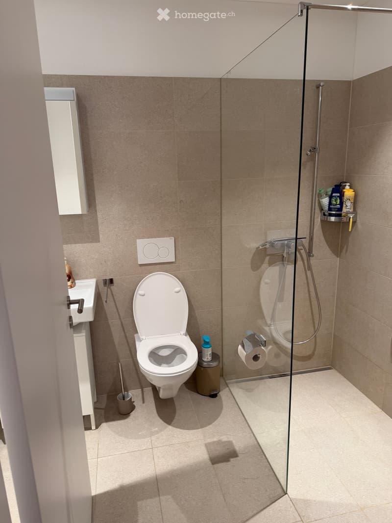 Modern bathroom with a toilet, sink, glass-enclosed shower, and various toiletries. Beige tiles and white fixtures.