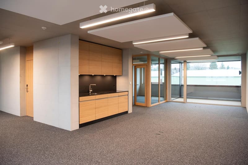 Modern, minimalist kitchen area with light wooden cabinets, a sink, and large windows offering a view of the outside. The space is clean and well-lit with recessed lighting.