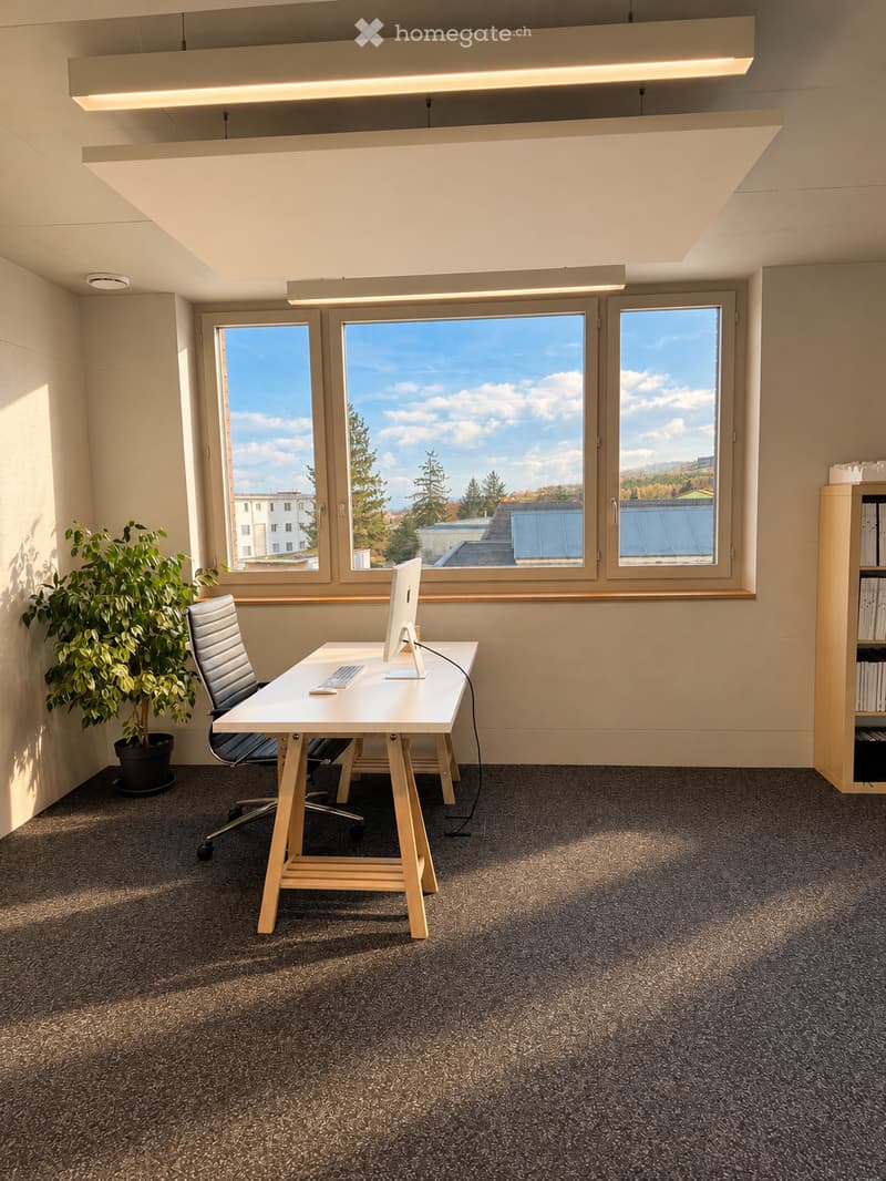 Modern office space with a white desk, ergonomic chair, computer monitor, keyboard, potted plant, and bookshelf, large windows with a view of trees and buildings.