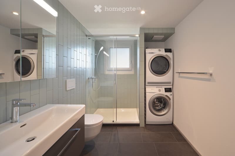 Modern bathroom with a large sink, toilet, glass-enclosed shower, and stacked washer/dryer unit.