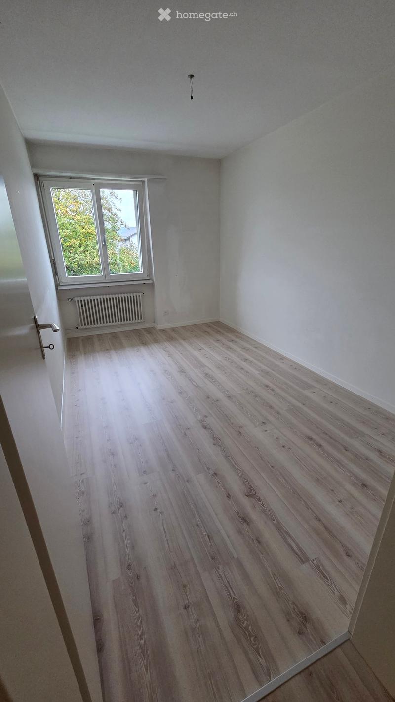 Empty room with light wooden flooring, white walls, and a large window with a view of greenery. A radiator is visible below the window, and a door is on the left side.