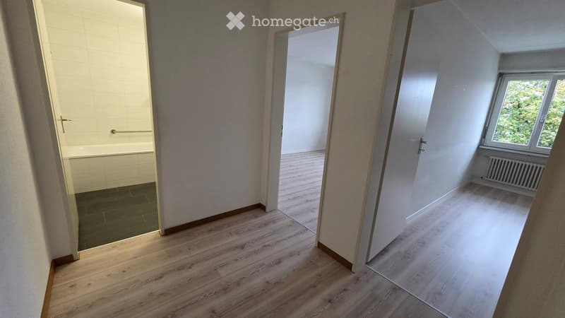 Empty room with wooden flooring, white walls, and a large window with a view of greenery. The room has a door leading to a tiled bathroom area.