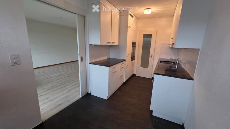 Modern kitchen with white cabinets, dark countertops, and a sink. The floor is dark wood, and there is a door leading to another room.