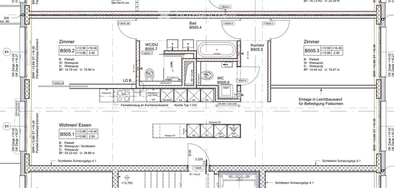Floor plan of a residential unit showing a living/dining area, kitchen, two bedrooms, bathroom, and hallway. Includes dimensions, room labels, and technical details.