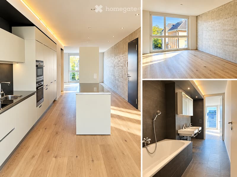 Modern kitchen with white cabinets, stainless steel sink, and built-in oven. Adjacent bathroom features a bathtub, double sink, and modern fixtures.